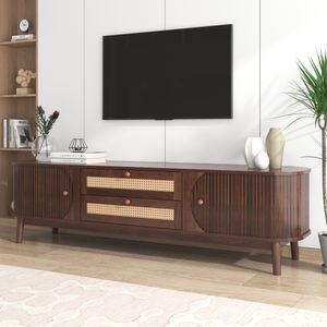 MODFU TV-Schrank mit Rattanseiten, Lowboard mit Türen und Schubladen, Walnuss, Braun