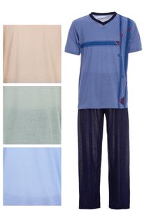 Herren Pyjama Schlafanzug kurz 2-Teilig V-Kragen, Farbe:Blau, Größe:L