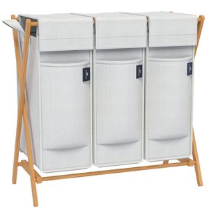 AdelDream Wäschekorb 3 Fächer,150 L,Bambus Wäschesammler Wäsche Sortiersystem X-förmige Wäschebox  Hellgrau