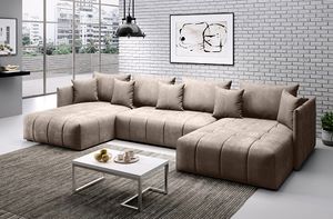 FurMeb24 -ASPEN U 346 x 188 cm, Sofa mit Schlaffunktion und zwei Bettkästen, Ecksofa mit Kissen, Monolith Stoff, beige, modernes Möbeldesign