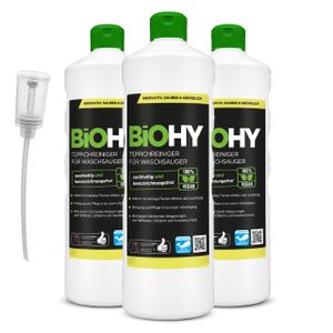 BIOHY Teppichreiniger für Waschsauger (3x1l Flasche) + Dosierer | geeignet für alle Waschsauger | entfernt Flecken und Schmutz mühelos | Reinigung und Pflege in nur einem Arbeitsgang