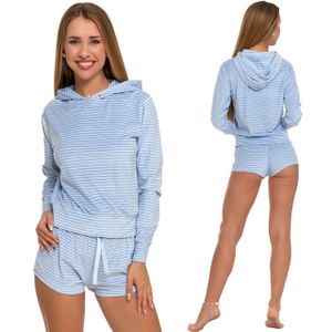Moraj Damen Schlafanzug mit Kaputze Langarm + Shorts 3500-005, Farbe: Blau, Große: XL