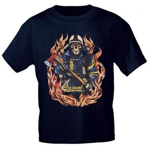 T-Shirt mit Print - Feuerwehr Flammen Totenkopf - 09361-1 dunkelblau - Gr. S-XXL Größe - S