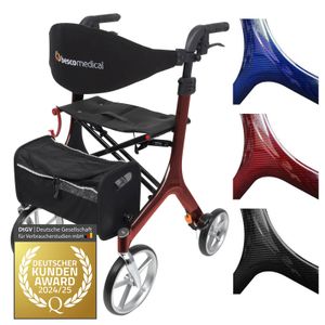 Bescomedical Leichtgewicht-Rollator Carbon - Bordeauxrot - Modell M - faltbare Gehhilfe mit Rückengurt, Netztasche und Stockhalter