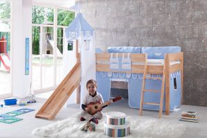 Hochbett KIM Kinderbett Spielbett Bett inklusive Rutsche Stoffset Buche Boy Blau/Weiß