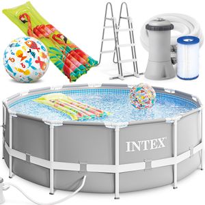 INTEX 366x99 cm Prism Metal Frame Swimming Pool Schwimmbecken Komplett-Set mit Extra-Zubehör wie: Strandball und Luftmatratze