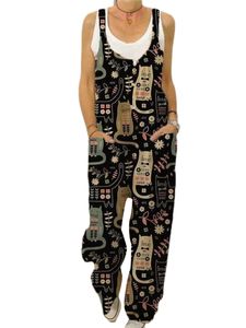 Damen mit Weitbein -Overalls im Sommer Tierdruck Lange Hosen Freizeitknöpfe Dekor Strampler, Farbe:8 Katze schwarz, Größe:M