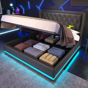 Flieks čalúnená posteľ 180x200cm s USB a Type-C, manželská posteľ pre mladých s LED, hydraulická úložná posteľ box spring s lamelovým rámom, PU, čierna