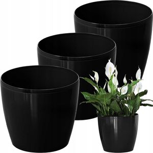 Zestaw 3 doniczek Lamela | Magnolia | Połysk | Czarny | 30 cm