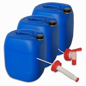 plasteo Set 3 x 30 Liter Getränke- Wasserkanister mit 1 Hahn + 1 flexiblem Ausgießer und 3 Schraubdeckel (DIN 61) | Lebensmittelecht | Tragbar | Indoor und Outdoor | BPA Frei Blau
