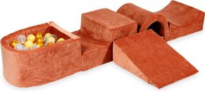 Schaumstoff-Spielset mit Brücke und Mikro-Bällepool – samtig weicher Canyon-Knetball mit Bällebad-Bällen 100 Stück / Beige, Gold, Transparent