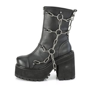ASSAULT-66 DemoniaCult Damen High Heels Stiefeletten Käfigketten Detail schwarz Lederlook