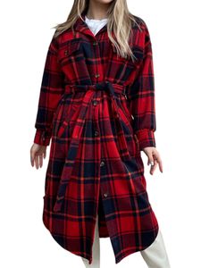 Damen Mit Taschen Jacke Winter Revers Outwear Casual Button Down Shacket Mantel,Farbe:Rot,Größe:M