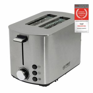 TZS First Austria Toaster | Edelstahl | 2 Scheiben | 850W | 7 Stufen | Warmhaltefunktion | abnehmbarer Brötchenwärmer | Krümelschale