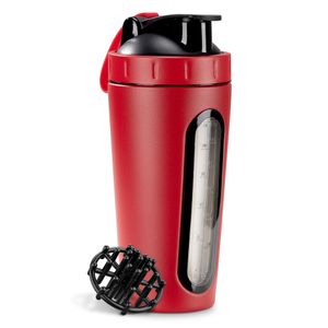 Navaris Protein Shaker Flasche aus Edelstahl - 750ml Fitness Becher - Eiweiß Shaker - Sport Trinkflasche für Proteinshake - für Training Fitness - Rot
