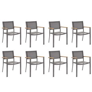 NATERIAL - 8er Set Gartenstühle ORIS mit Armlehnen - 8 x Gartensessel - Stapelbar - Terrassenstühle - Essstühle - Aluminium - Textilene - Eukalyptus - Anthrazit