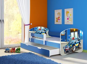 ACMA Jugendbett Kinderbett Junior-Bett Komplett-Set mit Matratze Lattenrost und Rausfallschutz Blau 38 Polizei 160x80 + Bettkasten
