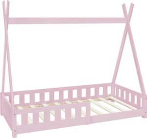 ML-Design detská posteľ tipi 80x160 cm s ochranou proti vypadnutiu a lamelovým roštom, ružová, z borovicového dreva, domček s ohrádkou ML-Design detská posteľ tipi 80x160 cm s ochranou proti vypadnutiu a lamelovým roštom, ružová, z borovicového dreva, domček s ohrádkou