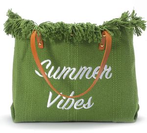Große Canvas Strandtasche mit Fransen und Schriftaufzug „Summer Vibes“ - Grün