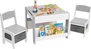 YORBAY Kindersitzgruppe Kindertisch mit 2 Stühlen, Maltisch Mit Kreidetafel, Sitzgruppe für Kinder mit Stauraum, 3tlg, Weiß +Grau