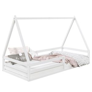 Hausbett SILA aus massiver Kiefer, schönes Montessori Bett in 90 x 200 cm, stabiles Kinderbett mit Rausfallschutz und Dach in weiß