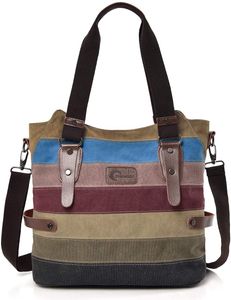 Damenhandtasche, Leinentasche mehrfarbige Streifen Umhängetasche, große Kapazität einkaufen lässige Umhängetasche Hobo ， 35 * 34 * 15cm