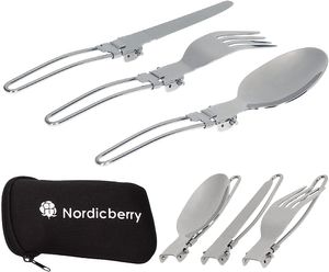 Outdoorový skladací príbor a kempingový príbor NORDICBERRY z vysokokvalitnej nehrdzavejúcej ocele s neoprénovým vreckom (čierny)