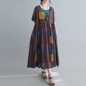 Damen Kleid aus Baumwolle und Leinen Vintage Plaid Print O Hals Halbarm Roben Laessig Lose uebergrosse Maxi Langes Kleid,Rotwein