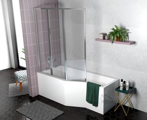 ECOLAM Duschbadewanne Set Badewanne + Glasabtrennung Duschwand Eckbadewanne IN-Besco 150x75 LINKS Schürze Ablaufgarnitur Füße Silikon