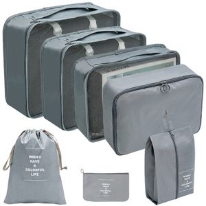 Koffer Organizer Set 7-teilig, Packing Cubes, Wasserdichte Reise Kleidertaschen, Packtaschen für koffer, Kosmetiktasche, Schuhbeutel, USB Kabel Tasche(grau)
