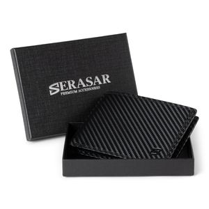 SERASAR | Leder Geldbörse für Herren [Carbon] mit RFID Schutz | Carbon Schwarz | 9 Kartenfacher | Hübsche Geschenkschachtel