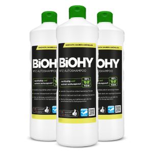 BIOHY KFZ Autoshampoo (3x1l Flasche) | Konzentrat exzellente Reinigungskraft & Schaumbildung | Schützender Abperleffekt | Erzeugt einen anhaltenden frischen Duft