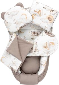 JUKKI Baby Nestchen 5tlg BAUMWOLLE SET für Neugeborene [Sweet Teddy] 2seitig 100x55cm Babynest + Matratze + Decke + 2xKissen