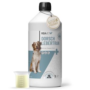 REAVET Premium Dorschlebertran für Hunde & Katzen 1L – Naturrein in Lebensmittelqualität, Lebertran zum Barfen, Fischöl, Dorschöl mit Omega-3-Fettsäuren & Vitaminen, Barf Öl