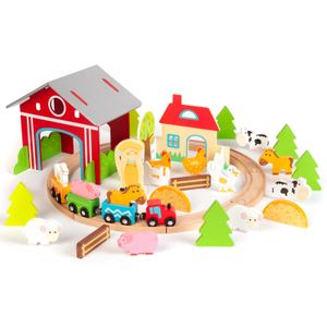 boppi - Eisenbahn für Kinder. 48 Teile Holzeisenbahn Zubehör mit Lokomotive, Zügen und Schienen für eine Rundstrecke durch eine Scheune inkl. Bauernhof Spielzeug