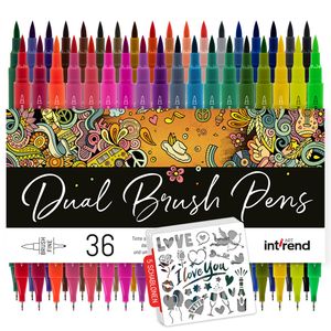 int!rend Dual Tip Brush Pen Set - 36 Farben Pinselstifte + 5 Schablonen - Bullet Journal Dicke und dünne Stifte - Filzstifte Art Marker Set für Erwachsene und Kinder Filzstift