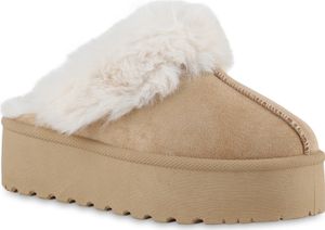 VAN HILL Damen Warm Gefüttert Pantoffeln Hausschuhe Bequem Kunstfell Schuhe 841494, Farbe: Khaki, Größe: 41