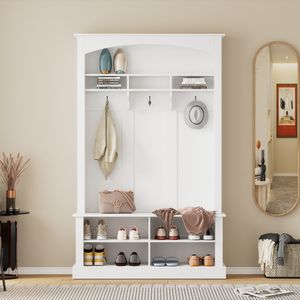 MODFU Garderobensets mit Bank und Schuhablage, ultifunktionale Aufbewahrungsbank mit 3 hängenden Haken & offenem Stauraum für Flur,H190/B120/T40 cm,Weiß