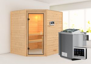 Woodfeeling Sauna Elea (Eckeinstieg), Ganzglastür, bronziert, Ofen 9 kWexterne Steuerung easy