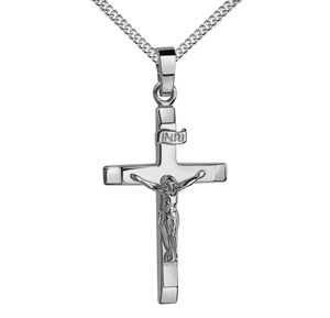 Silber Kreuz-Anhänger Kruzifix Jesus Christus mit INRI-Gravur Kettenanhänger 925 Silber. Mit Kette 925 Silber  - Kettenlänge 45 cm.