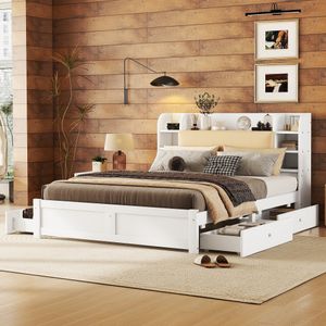 Flieks manželská postel pro mládež 160x200 cm se 4 zásuvkami, úložná postel s roštovým rámem, klasická postel dřevěná postel s policemi, bílá