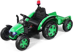 COSTWAY 12V Traktor mit 2,4G Fernbedienung und abnehmbarem Anhänger, Kinder Aufsitztraktor mit Scheinwerfer, Hupe, MP3-Player & USB-Anschluss, Elektrotraktor für Kinder 3-8 Jahren (Grün)