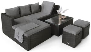 di volio Polyrattan Sitzgruppe BOLOGNA - Lounge Gartenmöbel-Set für Garten und Terrasse mit Ecksofa, Tisch & 2 Hockern - Lounge-Set in Rattan-Optik inkl. zwei Fleecedecken