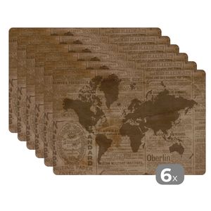 MuchoWow® podložky Sada 6 pratelných podložek 30x45x0.3cm Mapa světa - Retro - Noviny Protiskluzová a tepelně odolná podložka na stůl