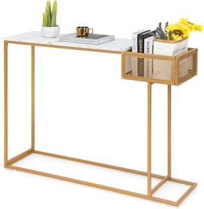 COSTWAY Konsolentisch schmal, Beistelltisch Mamor Optik, Flurtisch mit Korb & goldenem Metallgestell, Eingangstisch modern, 110 x 30 x 80 cm