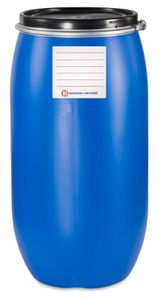kanister-vertrieb® 150 Liter Deckelfass, Kunststofffass, Futtertonne, Fass, Weithalsfass Farbe blau inkl. Etikett (150 D)
