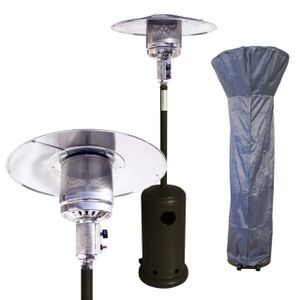 Heizpilz, Heizstrahler, Gaspilz, Terrassenheizer Gas, 14 kW, Transporträder, matt schwarz Heizer mit Premium-Abdeckung grau