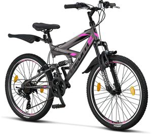 Licorne Bike Strong V Premium Mountainbike in 24 und 26 Zoll - Fahrrad für Jungen, Mädchen, Damen und Herren - Shimano 21 Gang-Schaltung - Vollfederung, Farbe:Anthrazit/Rosa, Zoll:24