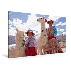 Calvendo  Textil-Leinwand 75 cm x 50 cm quer Frau und Mädchen mit Lama und Alpaka, Kuttig Siegfried; 7397033