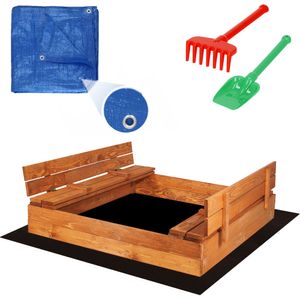 Springos® Sandkasten mit Sitzbänken Kinder Sandkiste 150 x 150 cm Extra Vlies und Abdeckplane Imprägniertes Holz